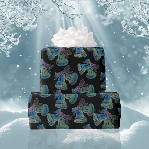 Papier Cadeau Motif Black Light Neon Christmas Bells