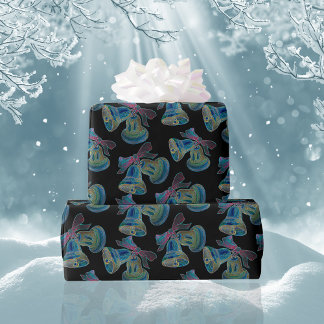 Papier Cadeau Motif Black Light Neon Christmas Bells