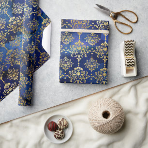 Papier Cadeau Motif bleu aquarelle avec damas doré