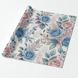 Papier Cadeau Motif bleu et rose sur blanc doux