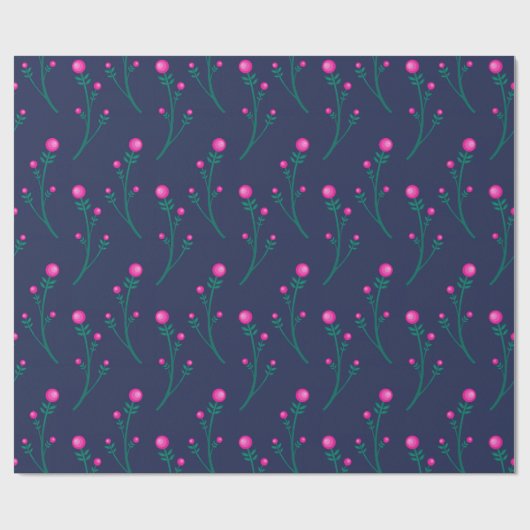 Papier Cadeau Motif bleu marine et rose chaud Floral Berries (Plat)