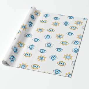 Papier Cadeau Motif bleu, or et blanc de l'oeil grec Mati