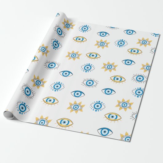 Papier Cadeau Motif bleu, or et blanc de l'oeil grec Mati (Déroulé)