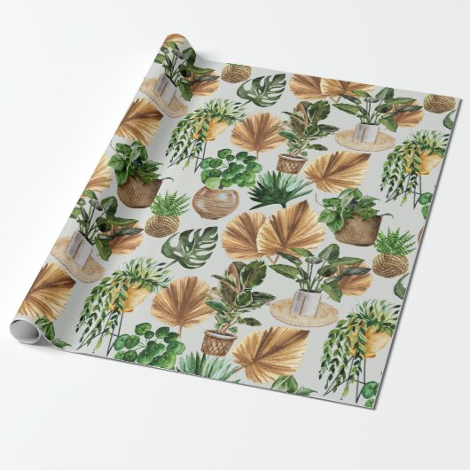 Papier Cadeau Motif Boho Aquarelle Cosy Plantes de la maison int (Déroulé)