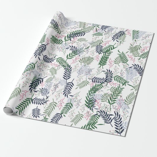Papier Cadeau Motif botanique aux accents rouges Feuille vert (Déroulé)