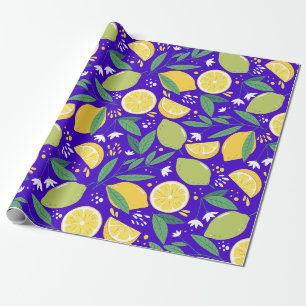 Papier Cadeau Motif botanique de citron agrume élégant en bleu