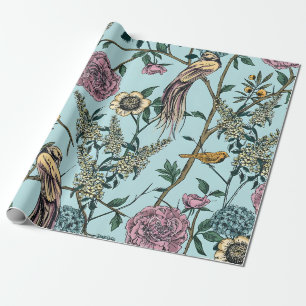 Papier Cadeau Motif botanique de couleur bleue de style vintage 