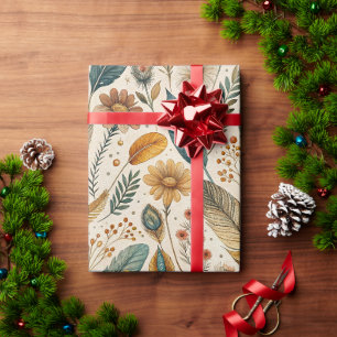 Papier Cadeau Motif botanique de plume et de fleur sauvage