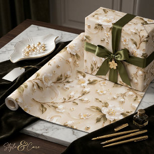Papier Cadeau Motif botanique élégant blanc olive or floral