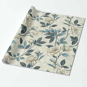 Papier Cadeau Motif botanique floral bleu vintage (6)