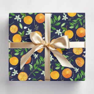 Papier Cadeau Motif botanique floral d'été aux agrumes orange