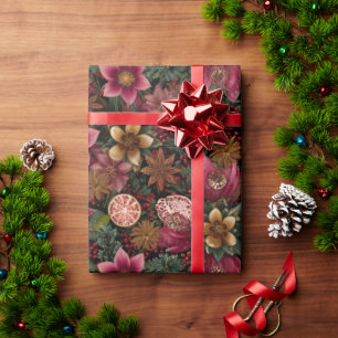 Papier Cadeau Motif botanique floral et épices de Noël