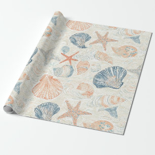 Papier Cadeau Motif botanique marin Coquillage Corail bleu pêche