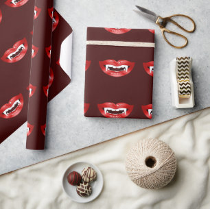 Papier Cadeau Motif Bouches de Vampire sur Fond Rouge Bourgogne 
