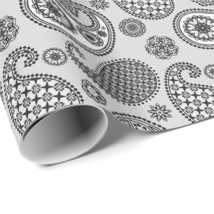 Papier Cadeau Motif cachemire, nuances de gris, noir et blanc
