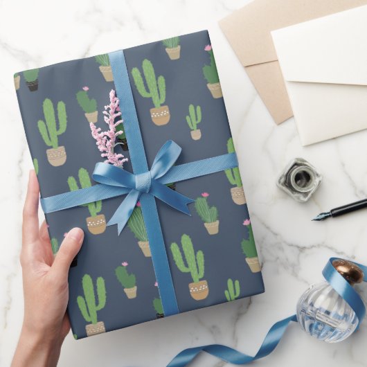 Papier Cadeau Motif Cactus Vert Sur Bleu (Cadeaux)