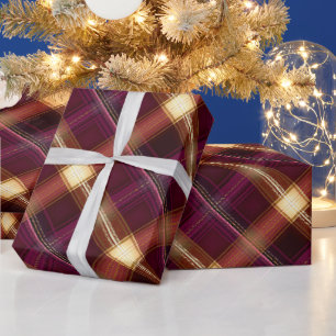Papier Cadeau Motif carreau élégant bordeaux or royal vin