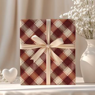 Papier Cadeau Motif carreau rouge rouille orange crème rustique