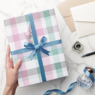 Papier Cadeau Motif carreaux blanc gingham rose menthe pastel do