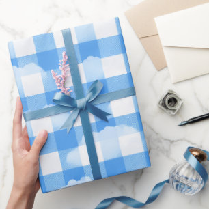Papier Cadeau Motif carreaux gingham bleu blanc été nuage