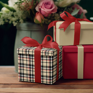 Papier Cadeau Motif carreaux tartan plaid rouge beige noir blanc
