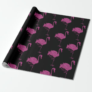 Papier Cadeau Motif Carrelé Flamant rose rose brillant sur noir