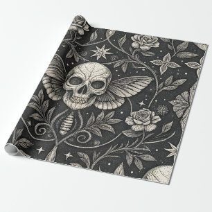 Papier Cadeau Motif céleste floral crâne gothique (1)