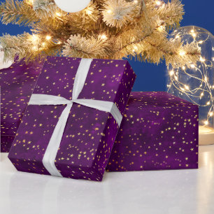 Papier Cadeau Motif Céleste Nuit Étoilée Violet et Jaune