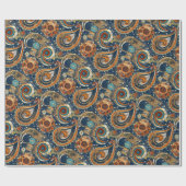 Papier Cadeau Motif Celestial Paisley Marine Bleu, Orange, Or (Plat)