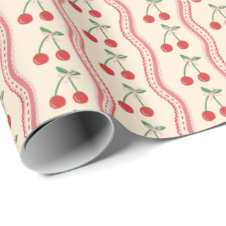 Papier Cadeau Motif Cerise Crème avec Rayures Ondulées Roses