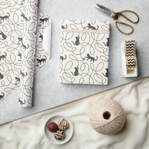 Papier Cadeau Motif Chat Noir Neutre et Boule de Laine