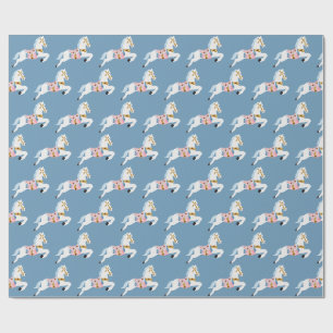 Papier Cadeau motif chevaux bonbons Noël bleu