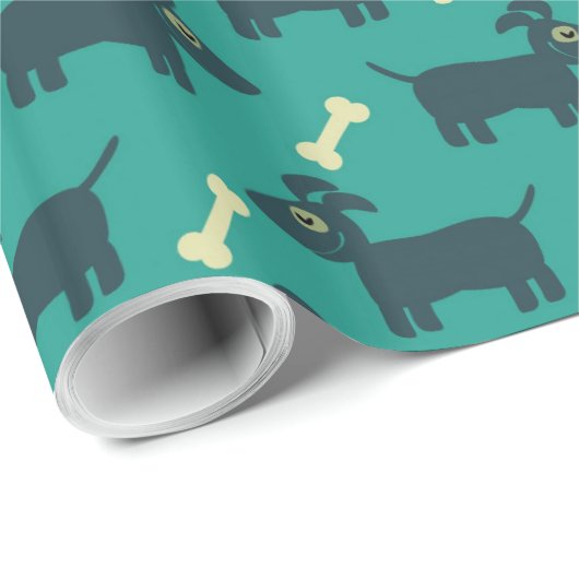 Papier Cadeau Motif chien mignon avec os sur Arrière - plan vert (Coin rond)