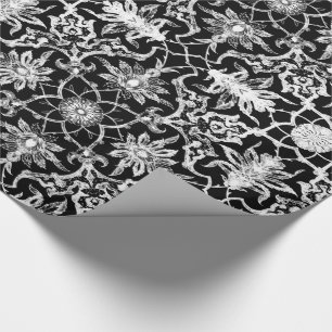 Papier Cadeau Motif chinois Art Nouveau - Blanc sur Noir