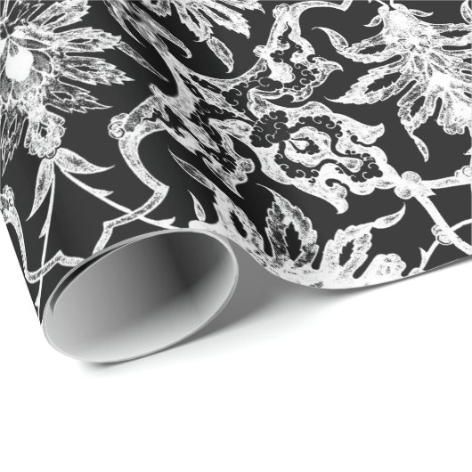 Papier Cadeau Motif chinois Art Nouveau - Blanc sur Noir (Coin rond)