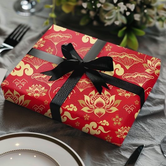 Papier Cadeau Motif chinois Lotus Oriental Asiatique Rouge Flora