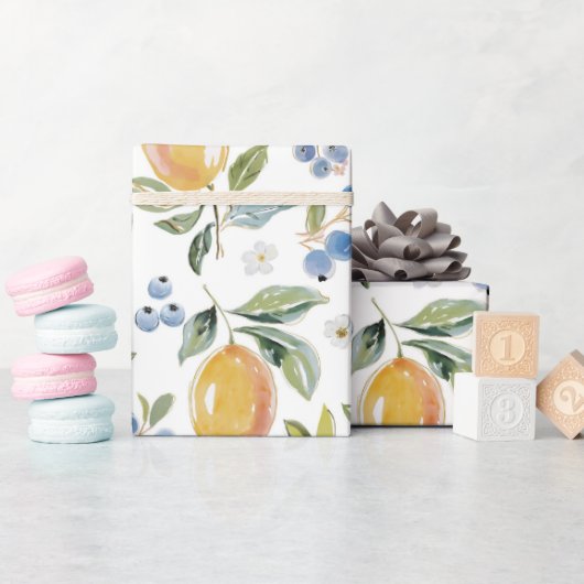 Papier Cadeau Motif Citron & Myrtille Aquarelle (Baby Shower)