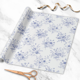 Papier Cadeau Motif classique de fleurs bleues Toile bleue franç