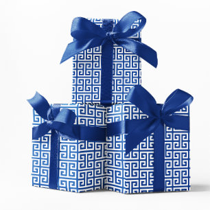 Papier Cadeau Motif clé grecque cobalt et blanc