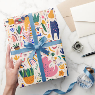 Papier Cadeau Motif coloré de chats et de plantes du désert Boho