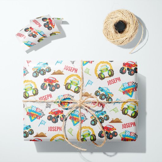 Papier Cadeau Motif Coloré Petit Garçon Monster Trucks