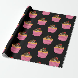Papier Cadeau Motif Cool De Cupcake Rose Sur Noir