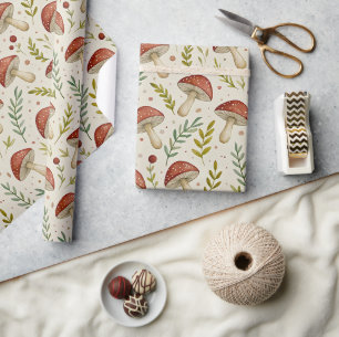 Papier Cadeau Motif Cottagecore Champignon dans des Tons Terreux