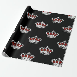 Papier Cadeau Motif Couronne Rouge Royale sur Fond Noir Épuré