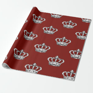 Papier Cadeau Motif Couronne Rouge Royale sur Fond Rouge Gras