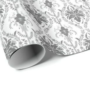 Papier Cadeau Motif Damask blanc et gris
