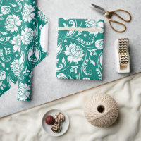 Motif damassé floral blanc et bleu turquoise