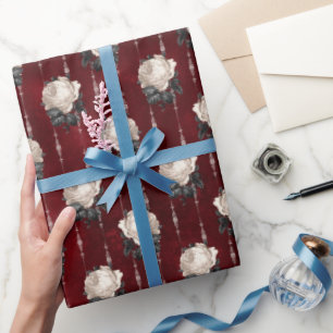 Papier Cadeau Motif damassé gothique à rose blanche vintage