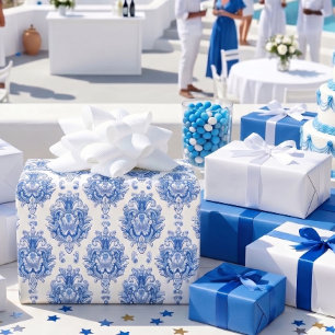 Papier Cadeau Motif damassé méditerranéen bleu blanc élégant