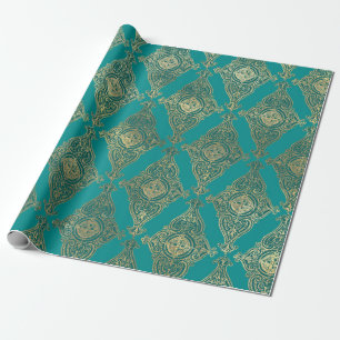Papier Cadeau Motif damassé turquoise et or